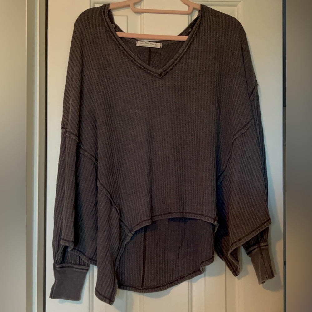We The Free Gray Oversized Ribbed Long Sleeve Tee